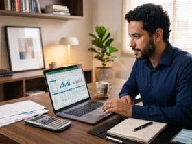 Pessoa empreendedora analisando planilha de fluxo de caixa em um computador para calcular o capital de giro da empresa