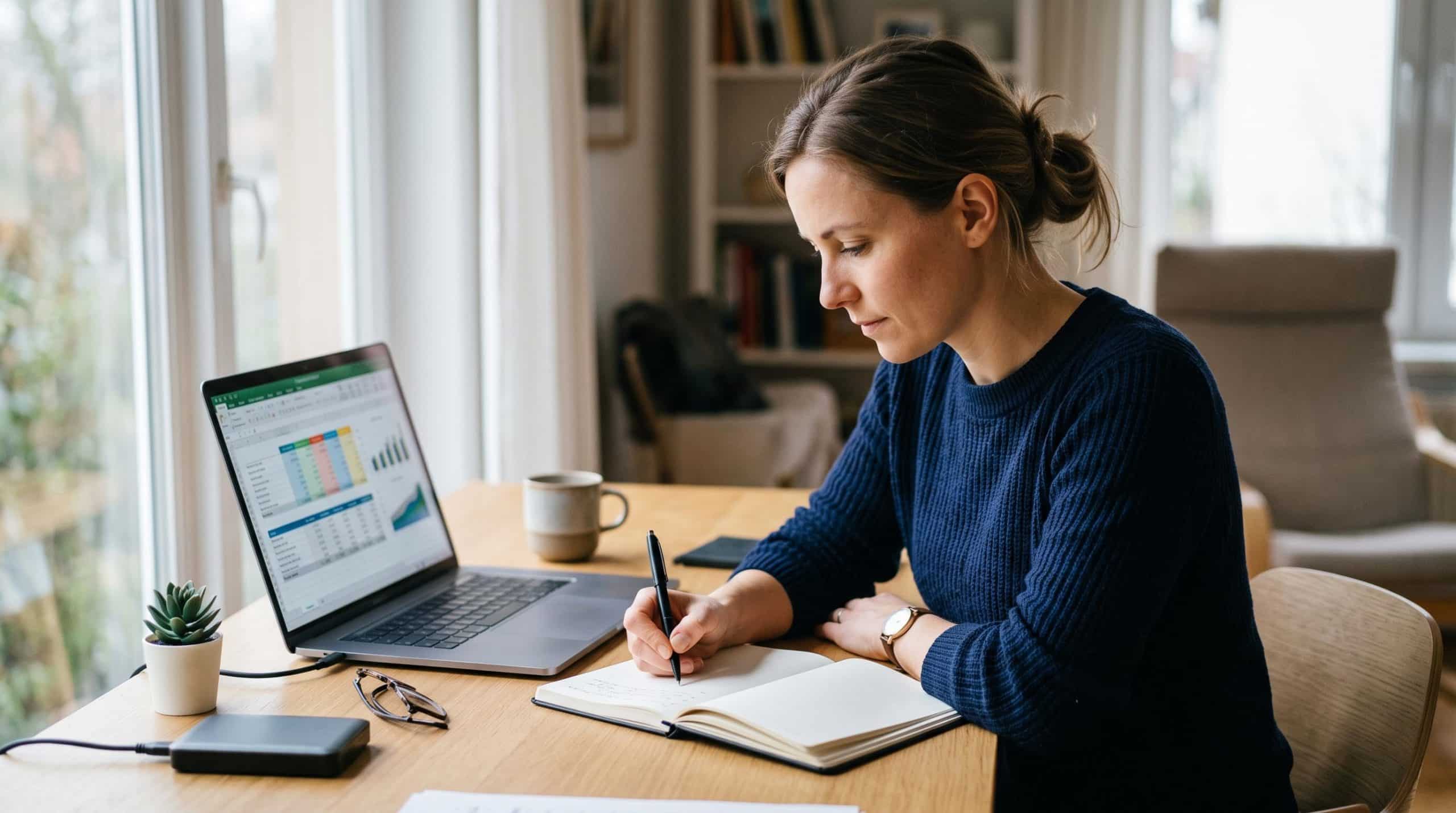 Pessoa empreendedora anotando em um caderno enquanto observa uma planilha de custos fixos e faturamento em uma tela de computador, em uma mesa de trab