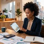 Pessoa empreendedora analisando planilha de retorno financeiro em um notebook sobre mesa de trabalho