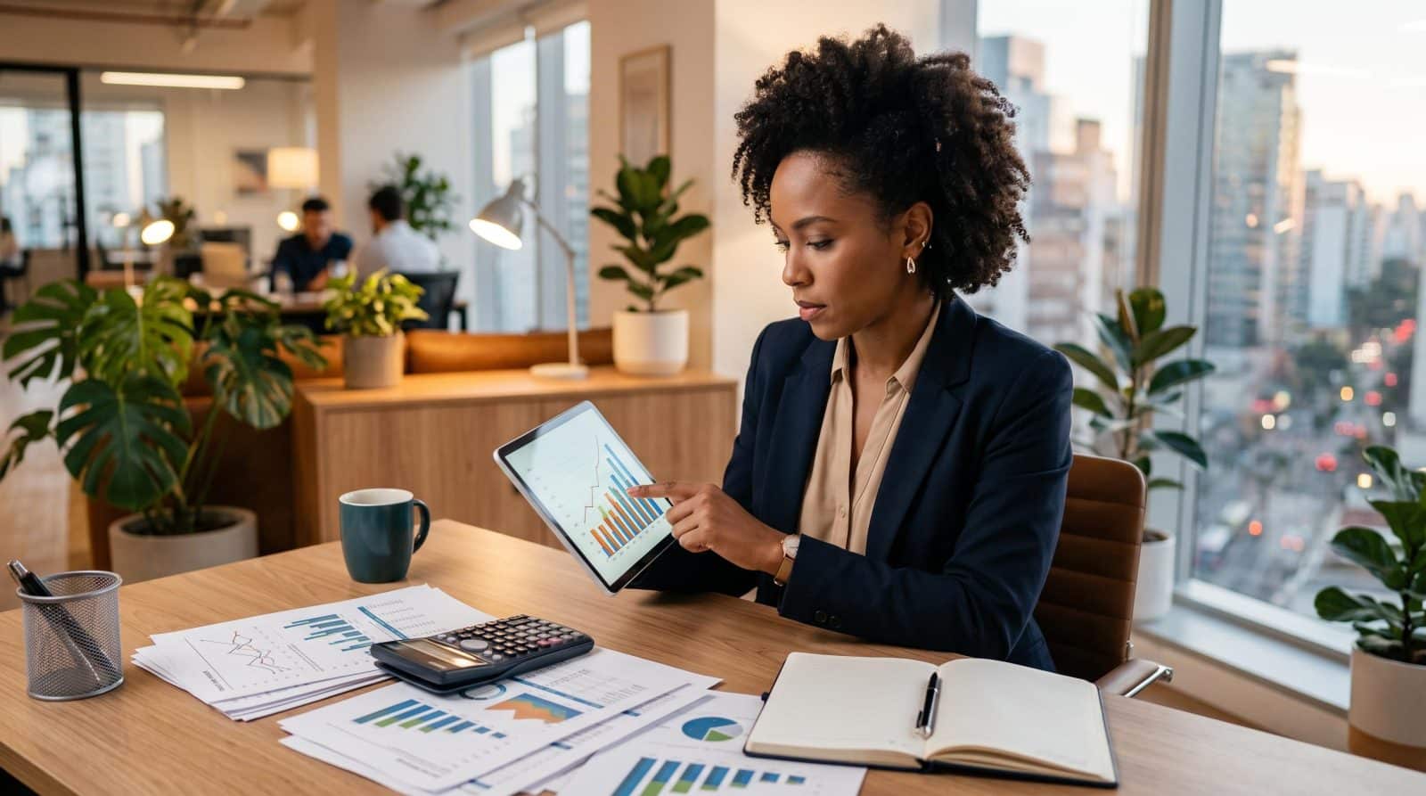 Pessoa empreendedora analisando planilha de retorno financeiro em um notebook sobre mesa de trabalho