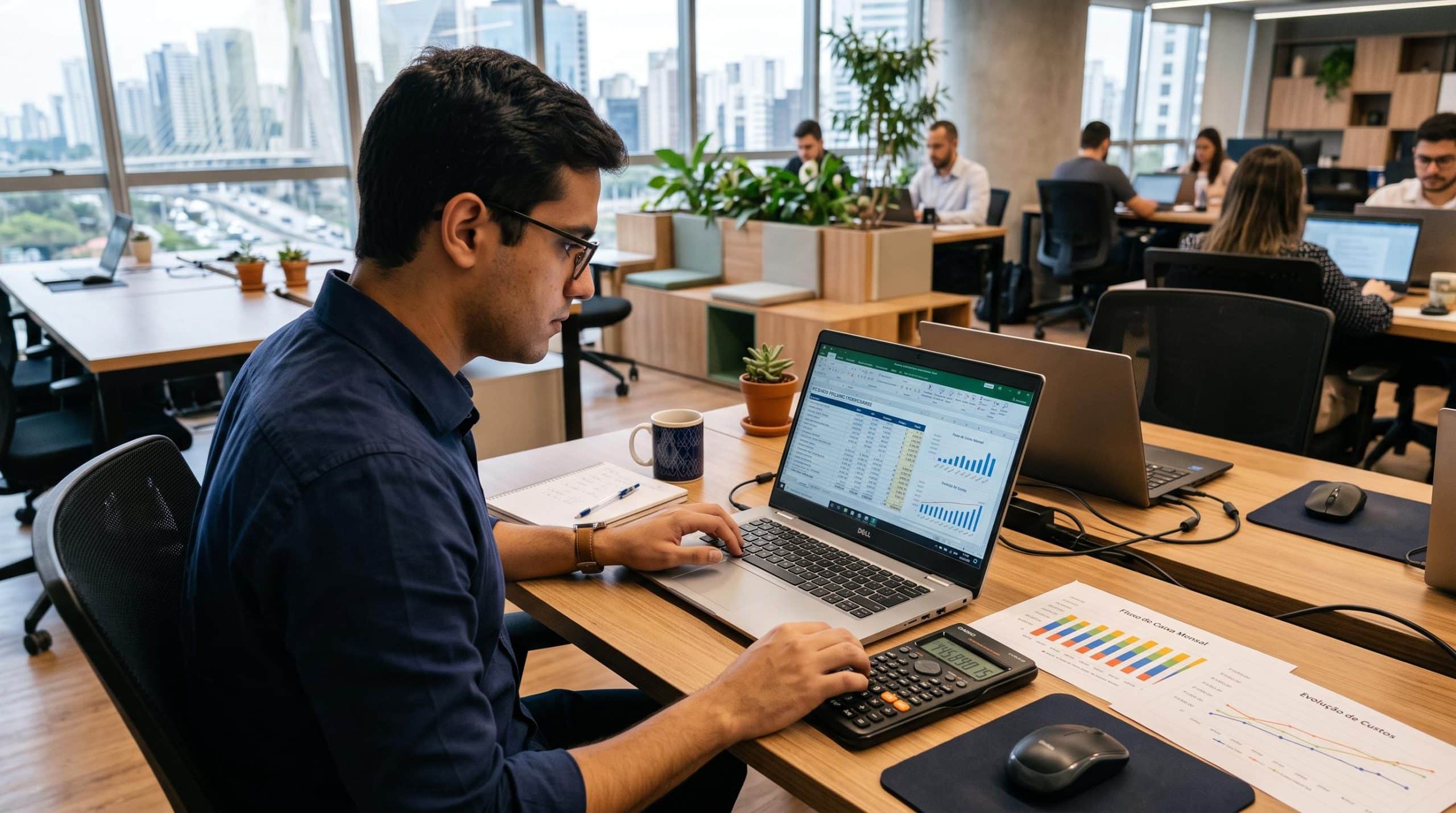 Analista financeiro trabalhando com planilha de custos operacionais em notebook, com calculadora e gráficos de fluxo de caixa ao lado, ambiente de esc
