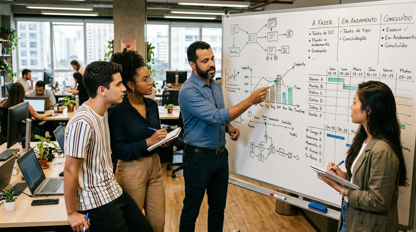 Pequena equipe de trabalho em um escritório colaborativo brasileiro reunida em torno de um quadro branco com anotações de tarefas e cronogramas, um ge