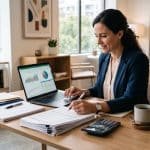 Pessoa empreendedora analisando planilha financeira em notebook sobre mesa de trabalho