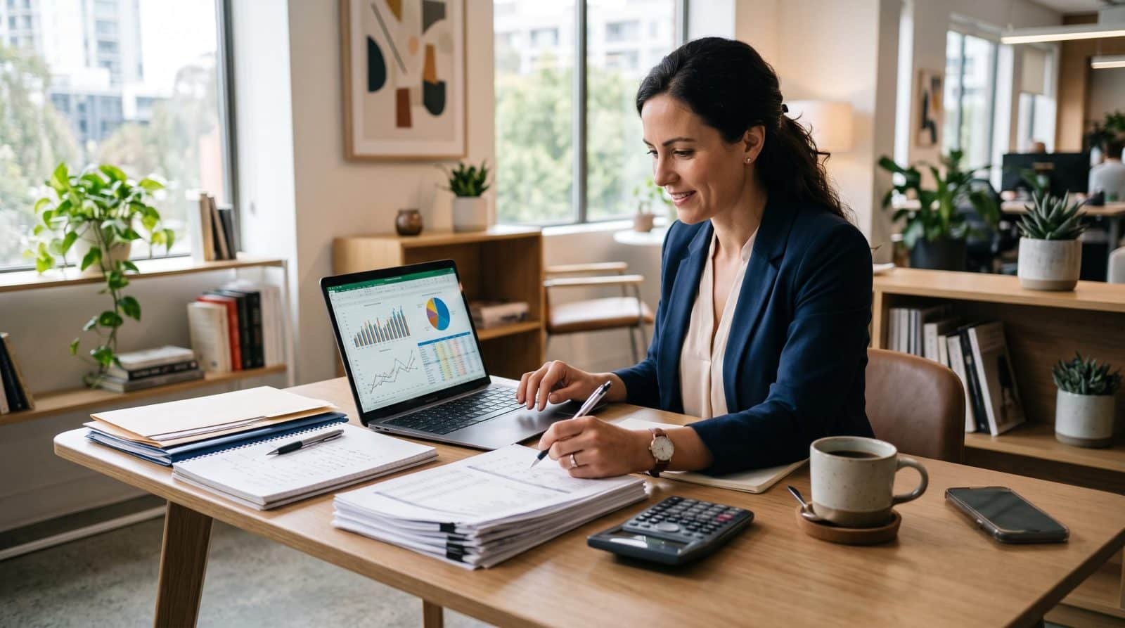Pessoa empreendedora analisando planilha financeira em notebook sobre mesa de trabalho