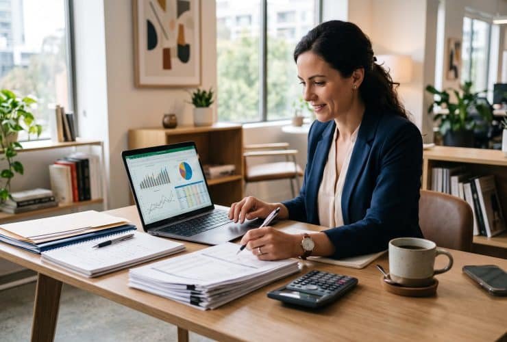 Pessoa empreendedora analisando planilha financeira em notebook sobre mesa de trabalho