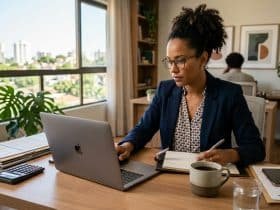 Pessoa empreendedora organizando planilhas de orçamento anual em uma mesa de trabalho