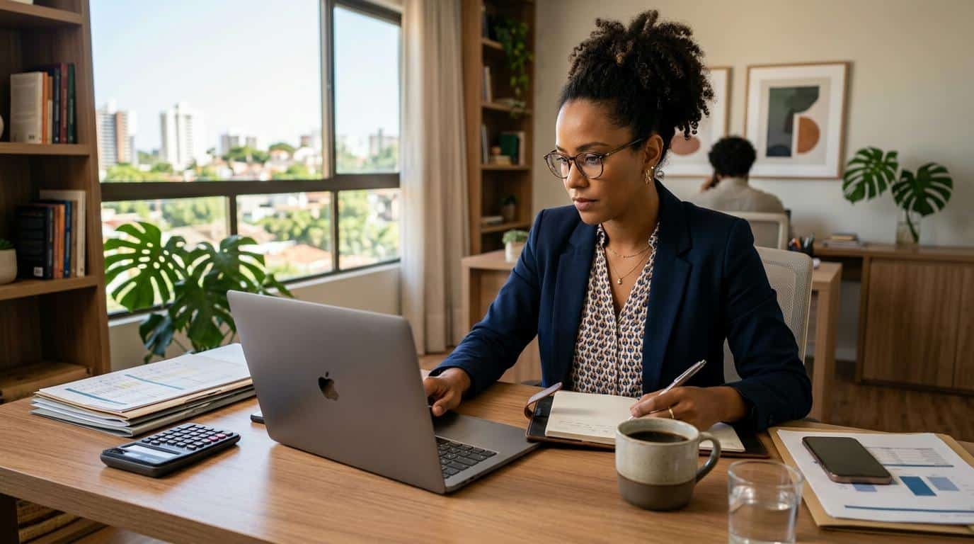 Pessoa empreendedora organizando planilhas de orçamento anual em uma mesa de trabalho