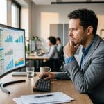Pessoa analisando relatório financeiro em planilha no computador para interpretar uma DRE simplificada