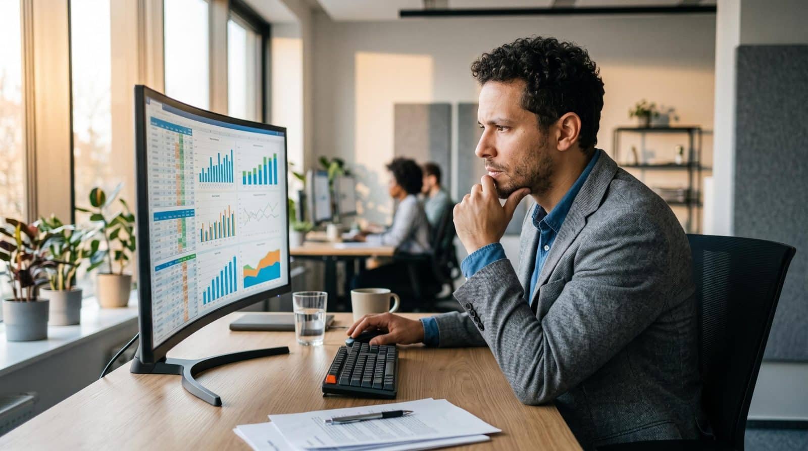 Pessoa analisando relatório financeiro em planilha no computador para interpretar uma DRE simplificada