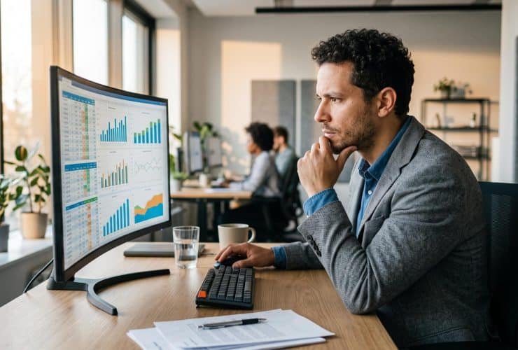 Pessoa analisando relatório financeiro em planilha no computador para interpretar uma DRE simplificada