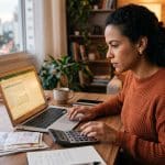 Pessoa empreendedora analisando planilha de custos e preços em um caderno sobre mesa de trabalho