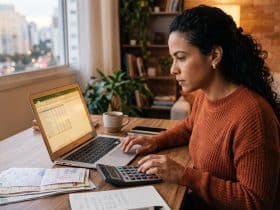 Pessoa empreendedora analisando planilha de custos e preços em um caderno sobre mesa de trabalho