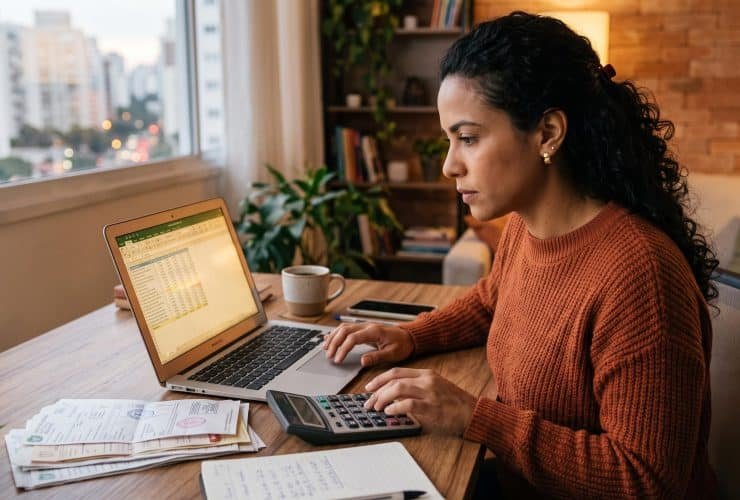 Pessoa empreendedora analisando planilha de custos e preços em um caderno sobre mesa de trabalho