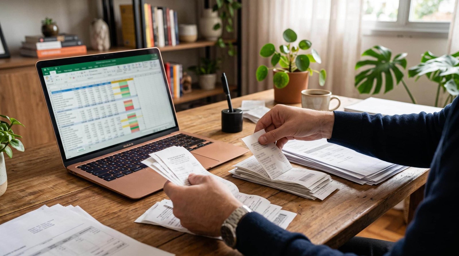 Mãos separando notas fiscais e comprovantes de pagamento sobre uma mesa com laptop aberto exibindo planilha de controle financeiro, cenário de escritó