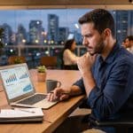 Pessoa empreendedora analisando relatório de contas a receber em notebook sobre mesa de escritório