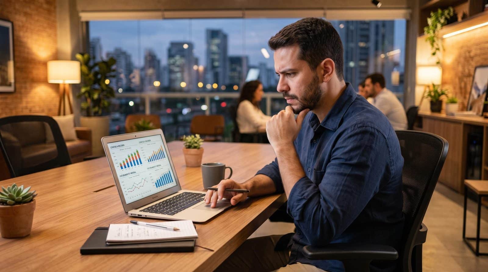 Pessoa empreendedora analisando relatório de contas a receber em notebook sobre mesa de escritório