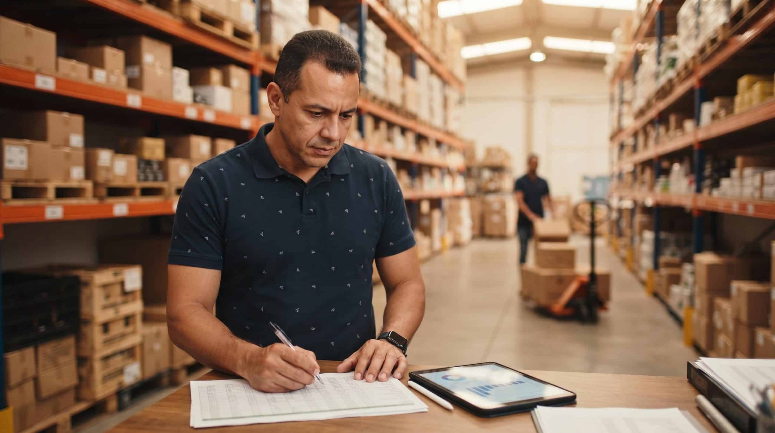 Gestor de pequena empresa brasileira conferindo controle de estoque e planilhas de demanda de vendas em um armazém organizado, com caixas de produtos