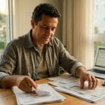 Pessoa empreendedora organizando notas fiscais e documentos do negócio sobre uma mesa de trabalho