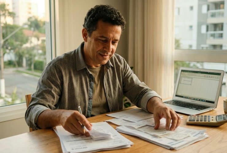Pessoa empreendedora organizando notas fiscais e documentos do negócio sobre uma mesa de trabalho
