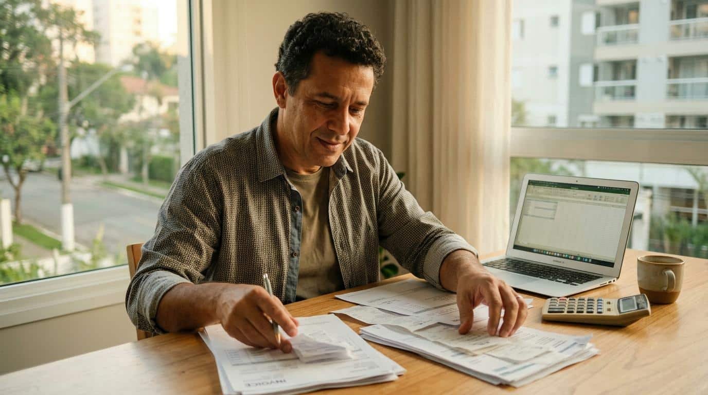 Pessoa empreendedora organizando notas fiscais e documentos do negócio sobre uma mesa de trabalho