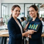 Pessoa analisando relatório financeiro com gráficos de lucro bruto e lucro líquido em uma mesa de trabalho