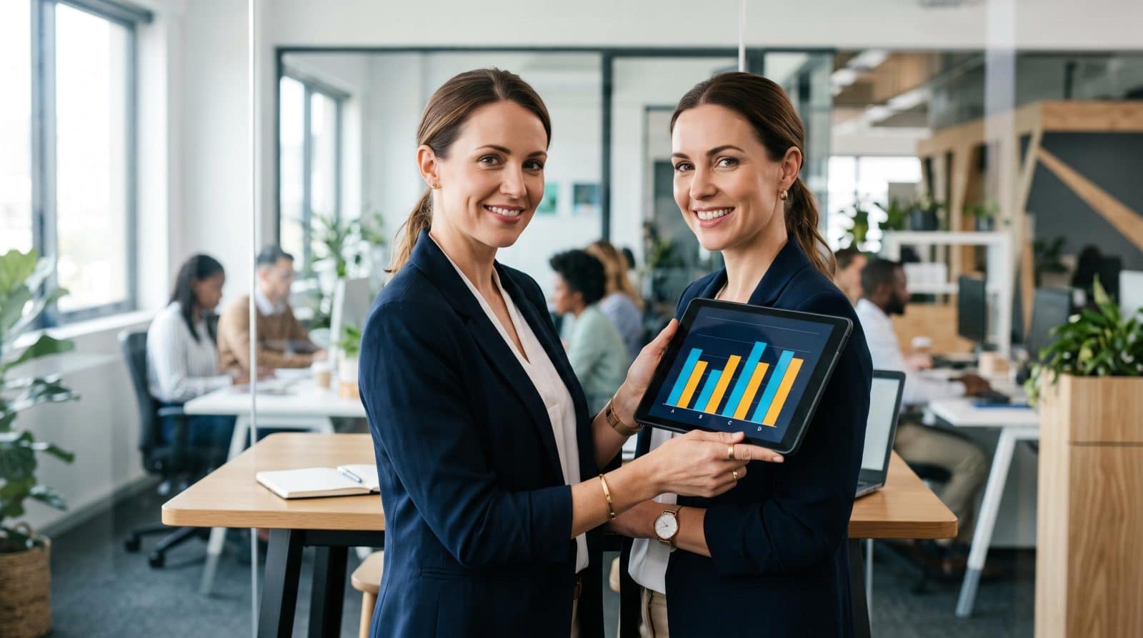 Pessoa analisando relatório financeiro com gráficos de lucro bruto e lucro líquido em uma mesa de trabalho