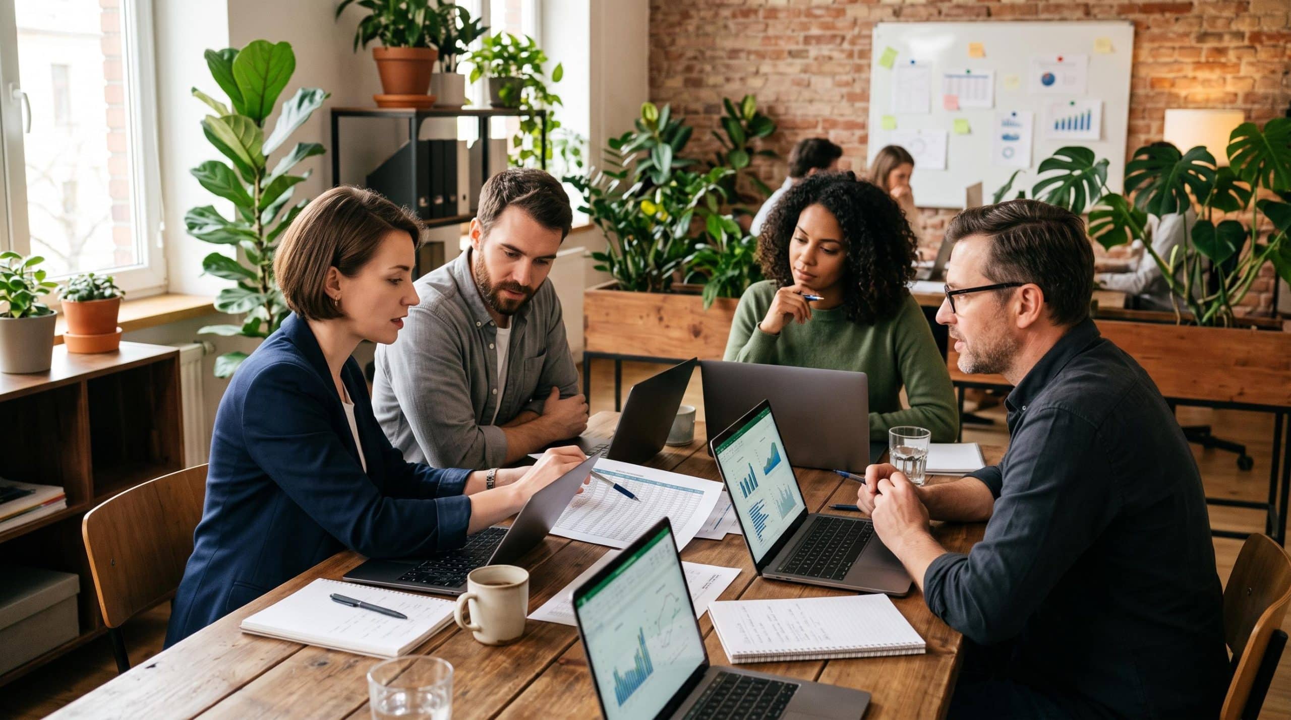 Pequena equipe de negócios em reunião estratégica ao redor de uma mesa com notebooks e planilhas, ambiente de escritório contemporâneo com plantas e i