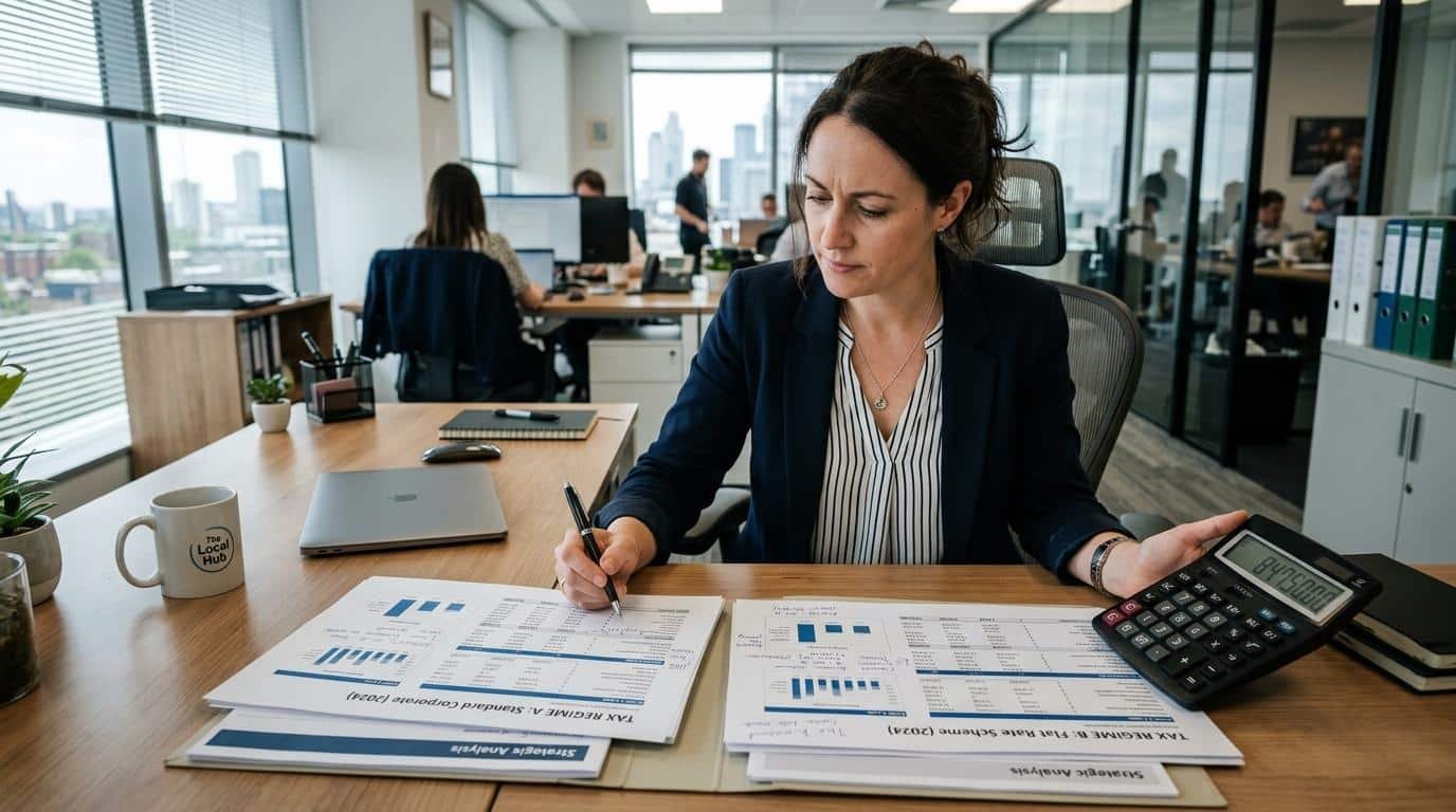 Pequeno empresário comparando documentos de diferentes regimes tributários lado a lado em uma mesa de escritório, com calculadora e caneta em mãos, ex