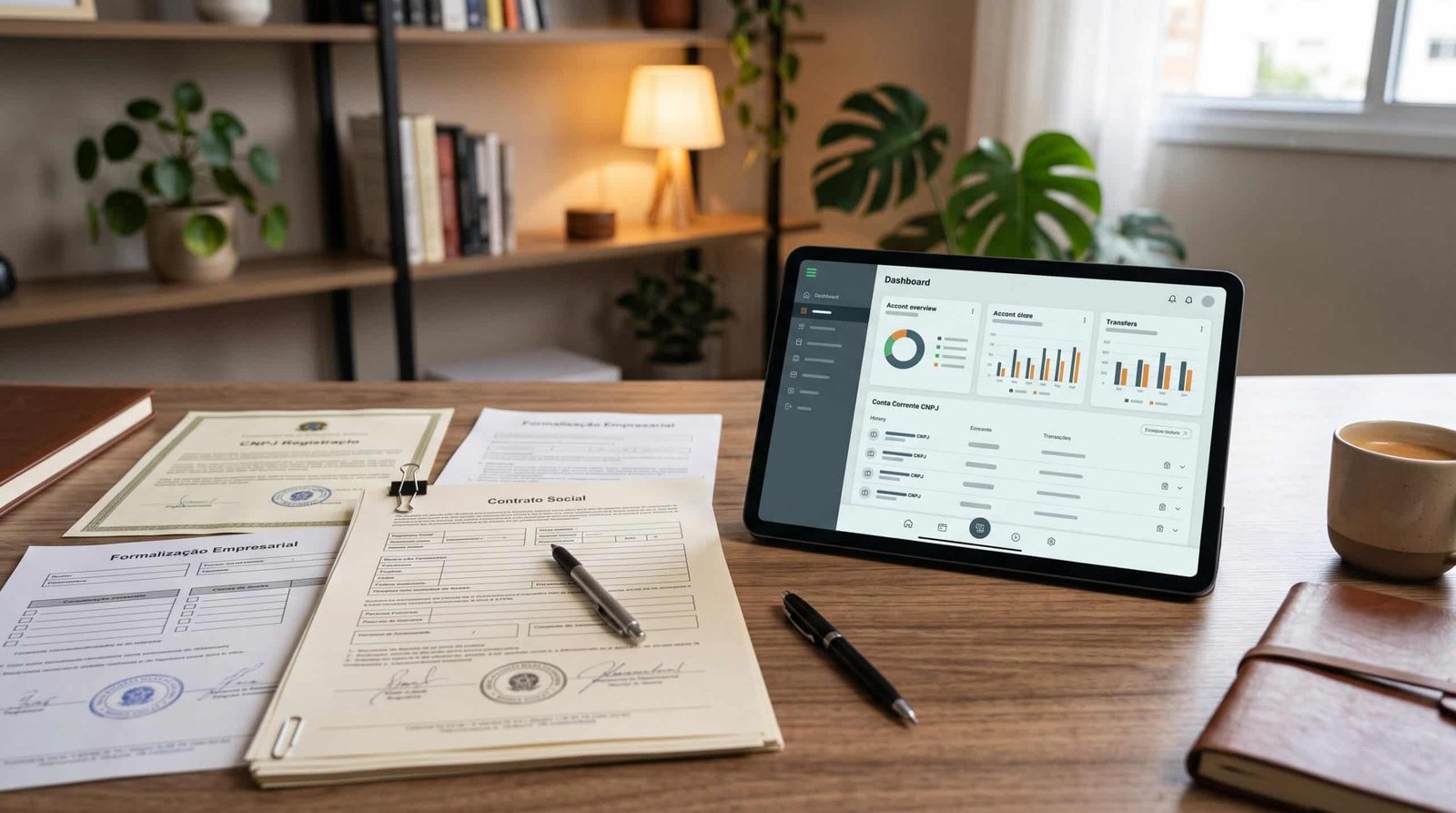Tablet exibindo aplicativo de banco digital para CNPJ ao lado de documentos de formalização empresarial sobre uma mesa de escritório contemporânea, co