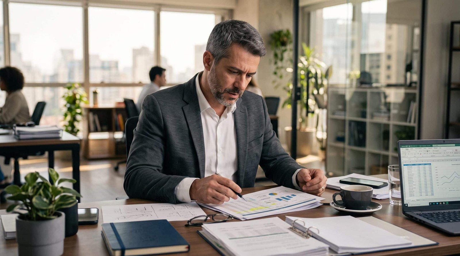 Empresário revisando planilhas financeiras e relatórios de desempenho em uma mesa de escritório organizada, com café e documentos, expressão de foco e