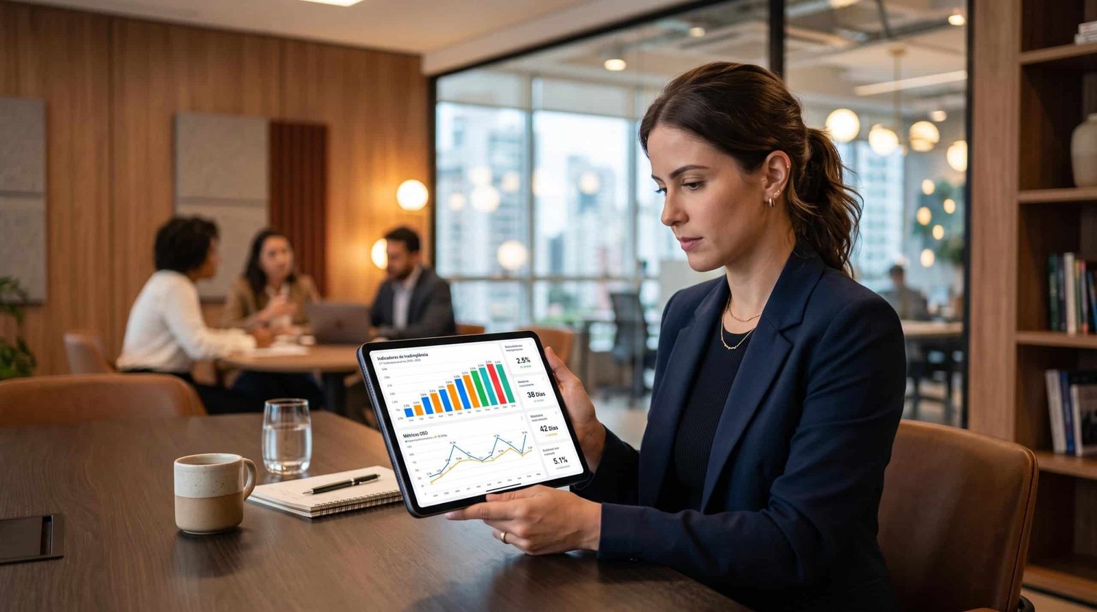 Profissional de finanças visualizando indicadores de inadimplência e métricas DSO em um tablet, com gráficos coloridos de barras e linhas na tela, amb