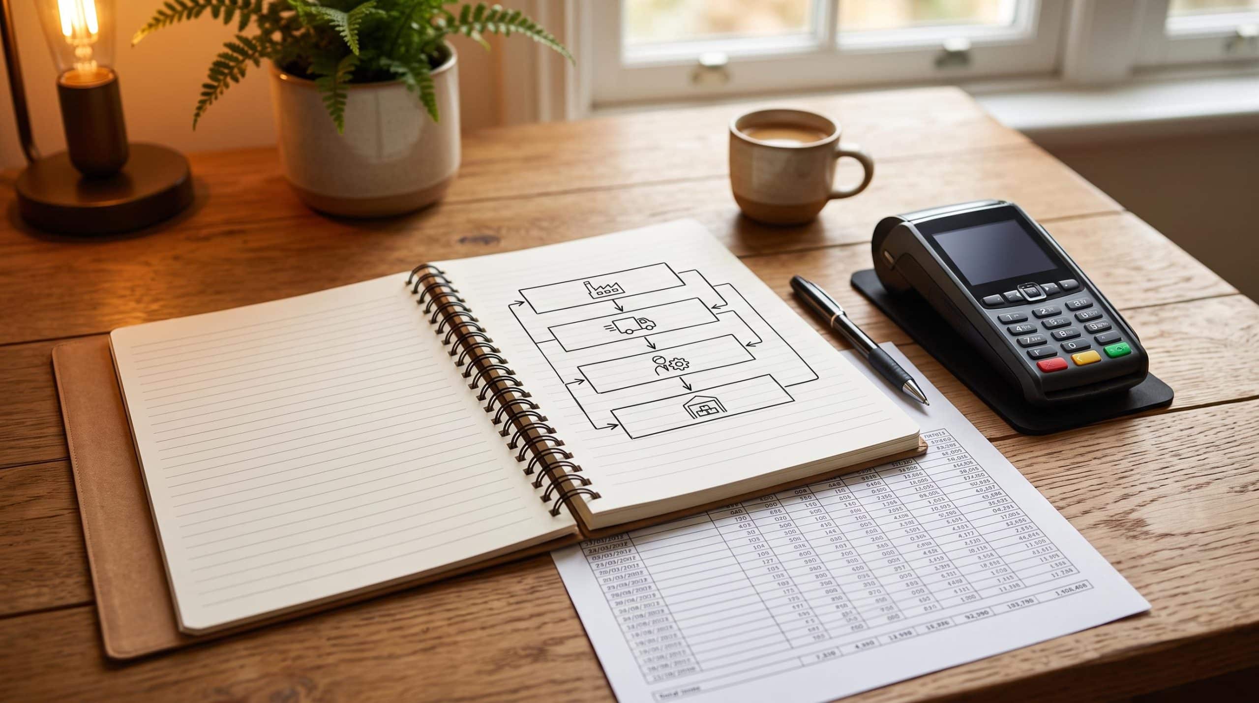 Mesa de trabalho com diagrama de quatro camadas de custos desenhado em um caderno, ao lado de maquininha de cartão e planilha impressa, estilo limpo e