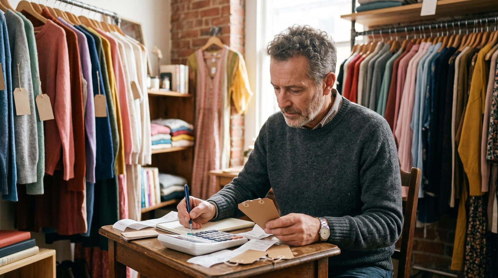 Dono de uma pequena loja de roupas verificando etiquetas de preço e calculando margens de contribuição em uma calculadora, com peças de roupas ao fund