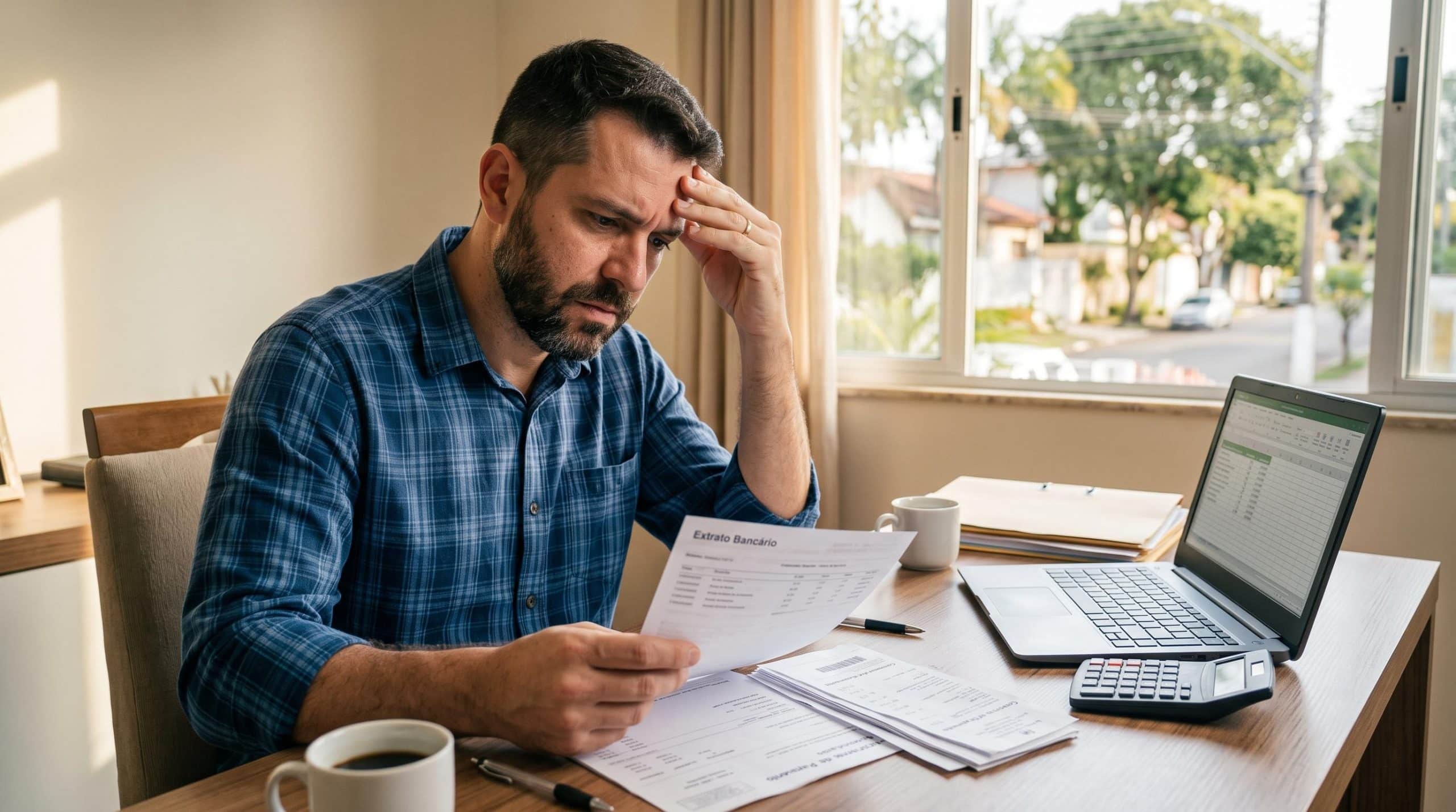 Pequeno empresário conferindo extrato bancário e comprovantes de pagamento em uma mesa organizada, expressão preocupada com faturamento crescendo mas