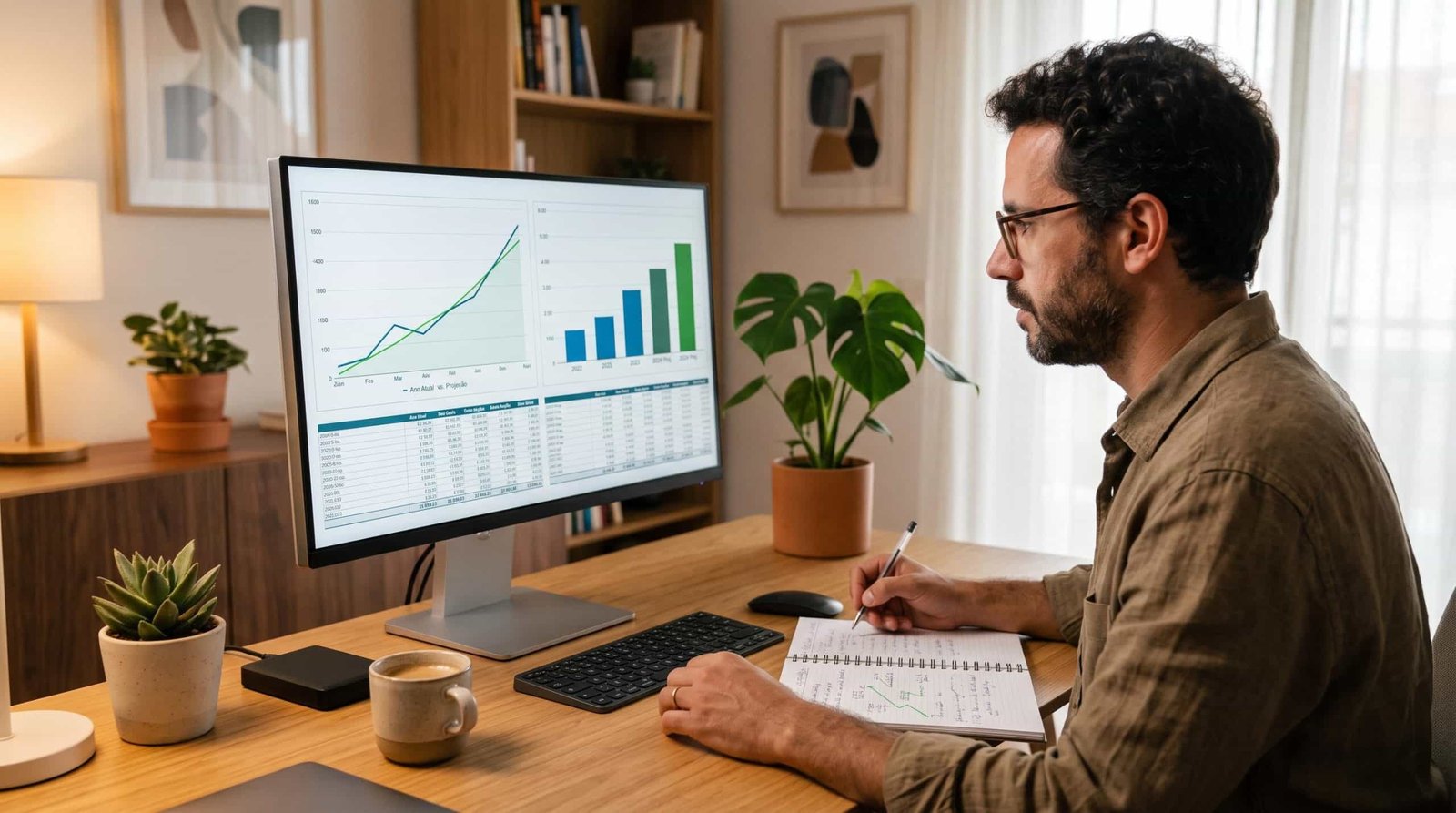Pequeno empresário comparando planilhas de anos anteriores com projeções futuras em um computador, com gráficos de crescimento visíveis na tela e anot
