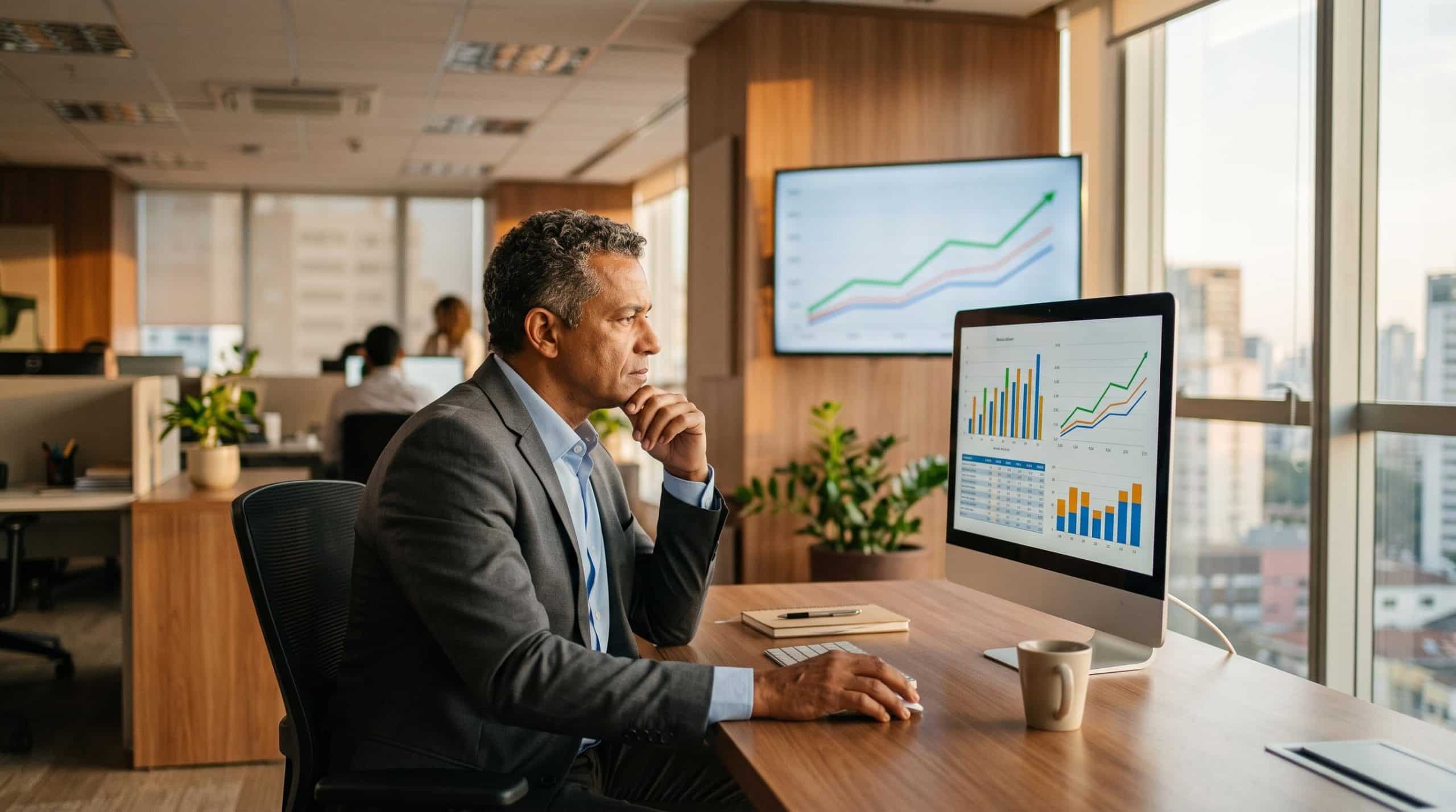 Empresário brasileiro revisando relatórios de métricas de desempenho e fluxo de caixa em uma tela de computador, com gráficos de crescimento visíveis