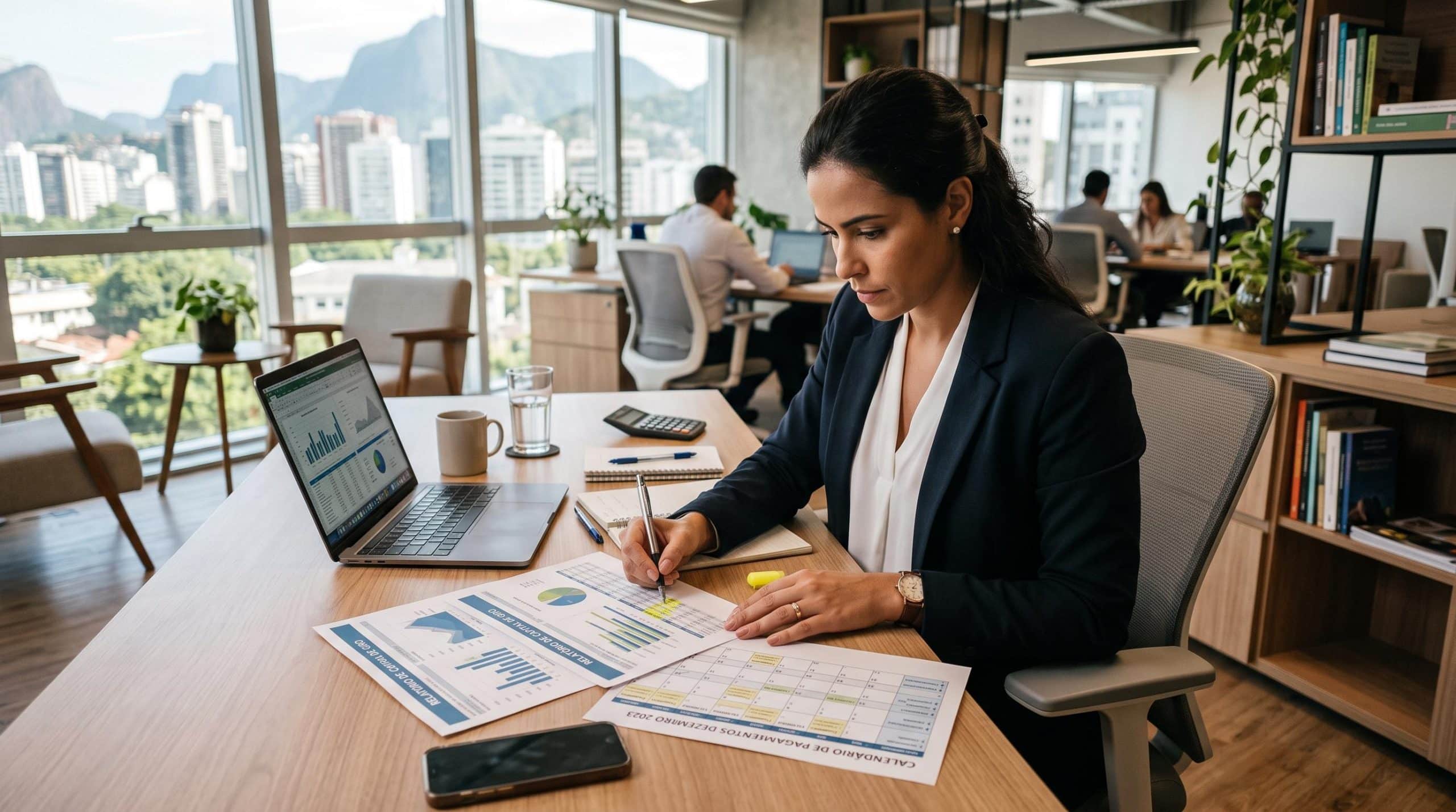 Profissional de finanças revisando relatórios de capital de giro e calendário de pagamentos em um ambiente de escritório contemporâneo com iluminação