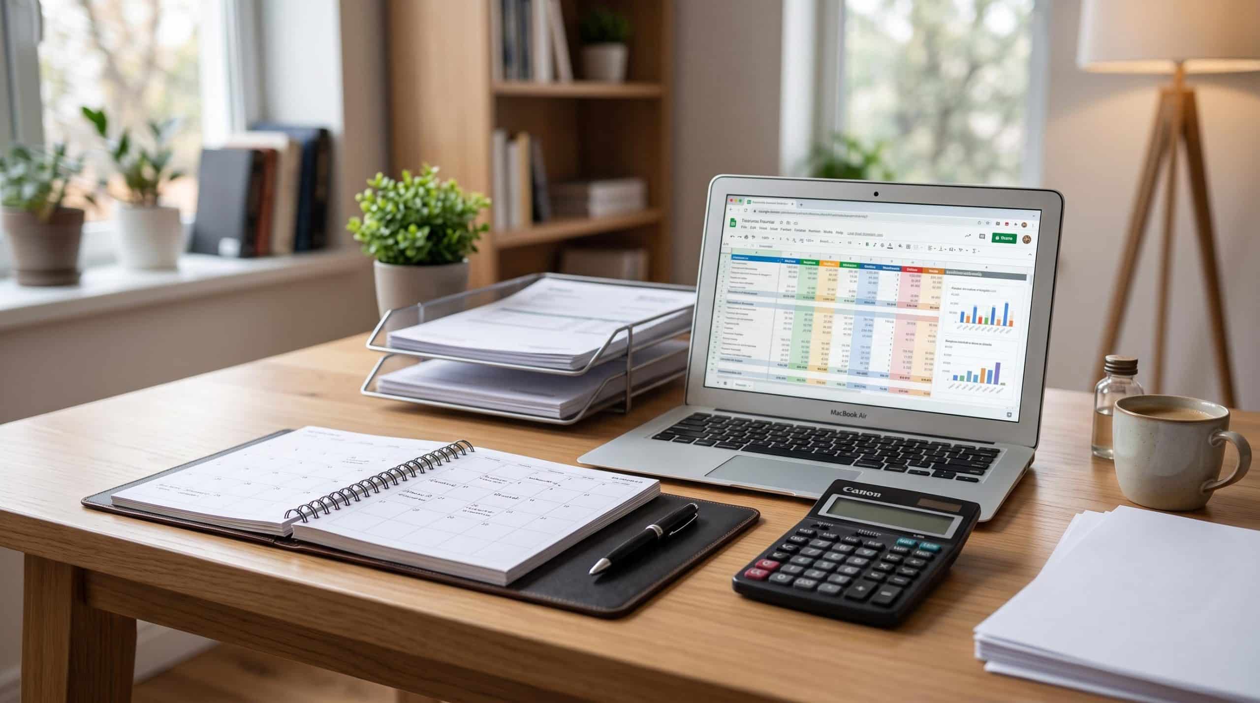 Mesa de trabalho limpa e organizada com documentos financeiros, planilha de planejamento aberta, calculadora e agenda mensal, representando o controle