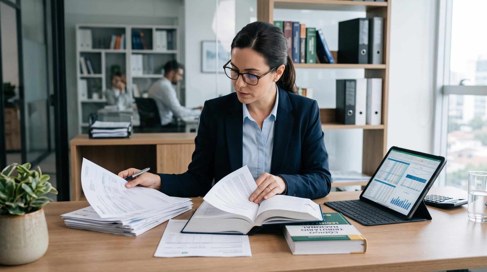 Profissional de contabilidade conferindo documentos tributários legais em uma mesa de trabalho limpa, com livros de legislação e tablet exibindo plani