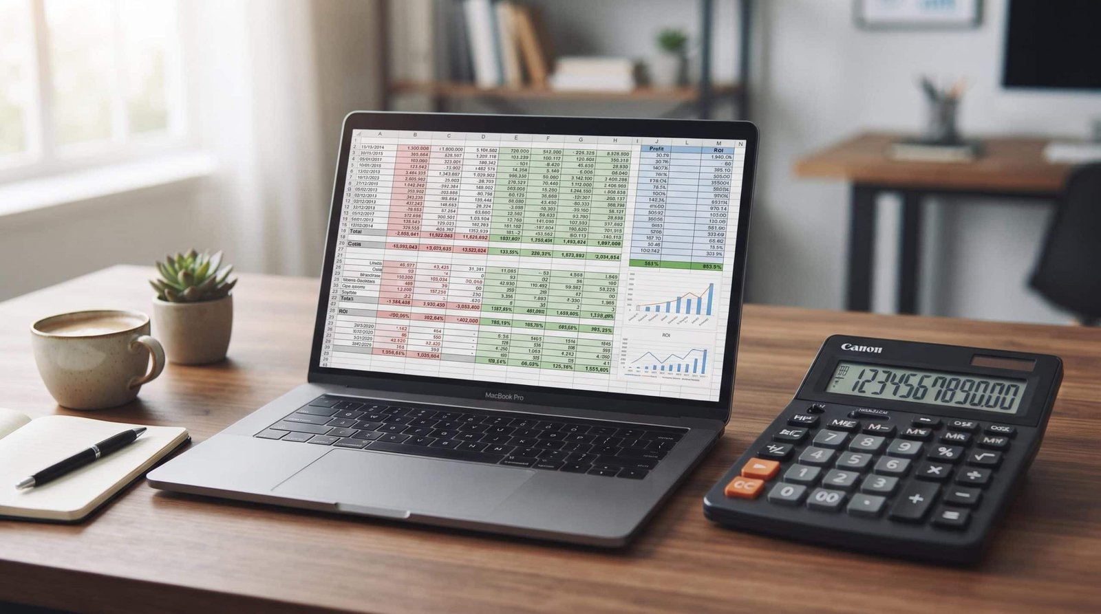 Planilha de cálculos de retorno sobre investimento aberta em um laptop, com fórmulas e números visíveis ao lado de uma calculadora profissional em uma