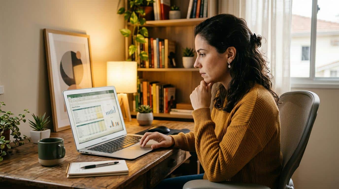 Empreendedora analisando planilha de fluxo de caixa em um notebook, com expressão focada e organizada, em um escritório pequeno e iluminado com tons q