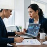 Pessoa analisando gráficos de projeção de vendas em um notebook sobre uma mesa de trabalho