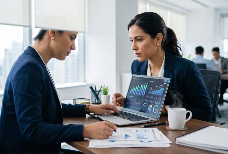 Pessoa analisando gráficos de projeção de vendas em um notebook sobre uma mesa de trabalho