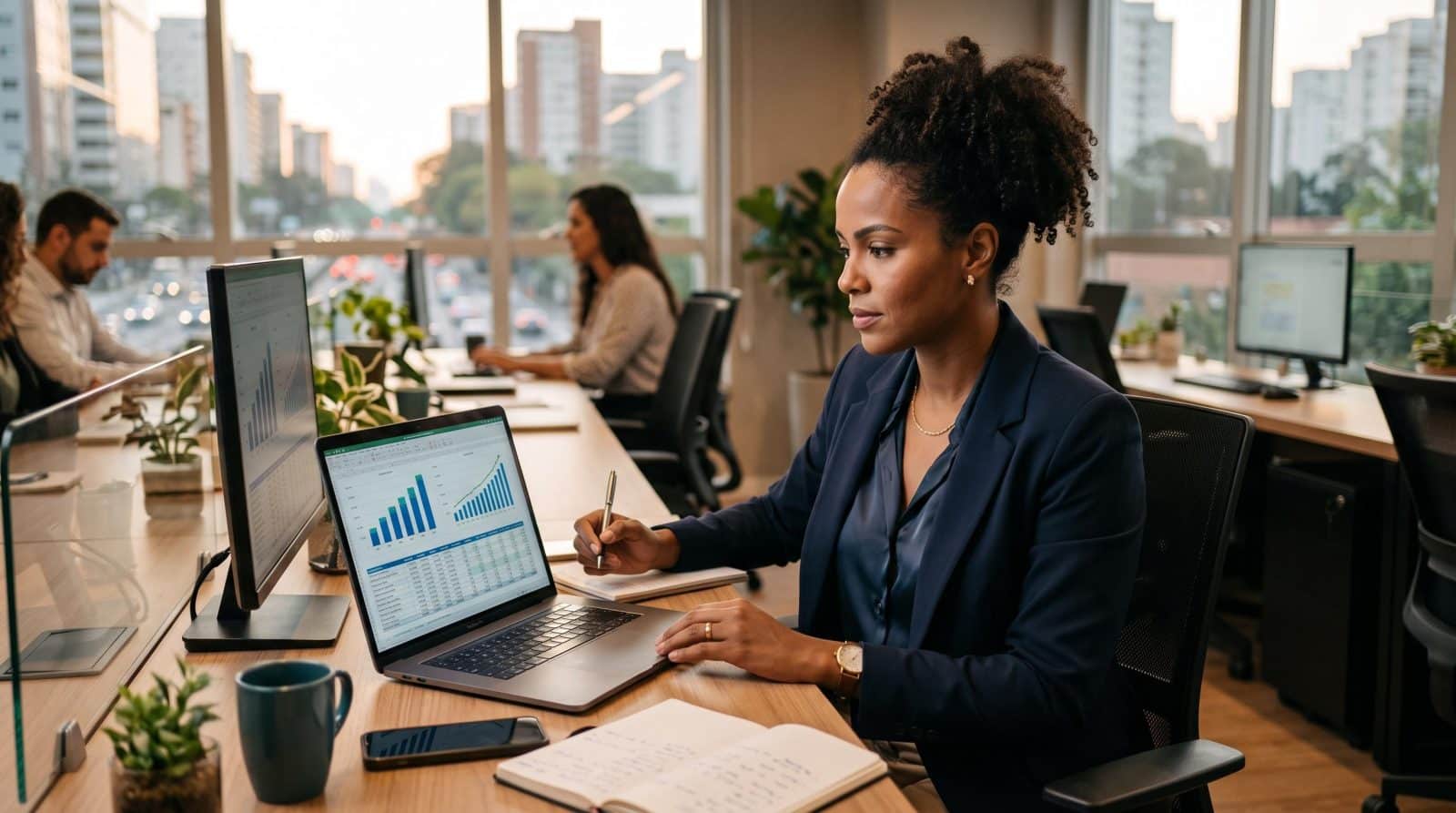 Pessoa empreendedora analisando gráficos financeiros do negócio em um notebook sobre uma mesa de escritório