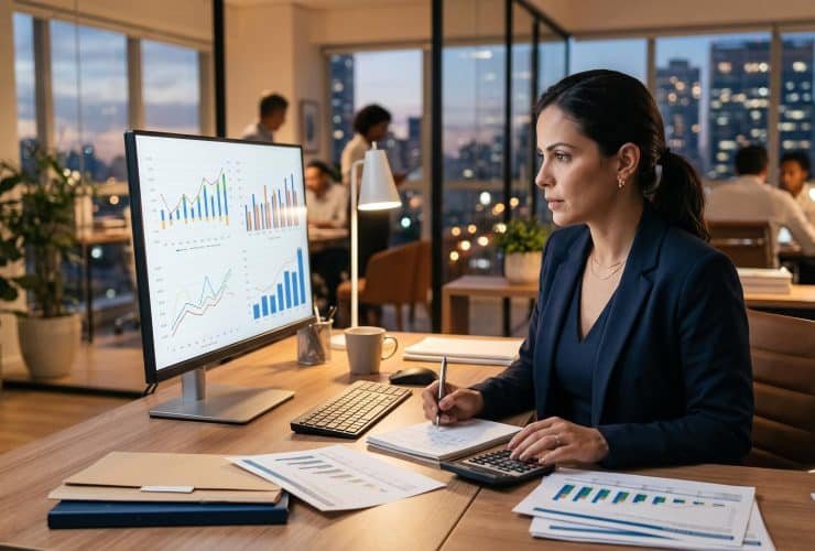 Pessoa empreendedora analisando planilha de fluxo de caixa em um notebook sobre mesa de escritório