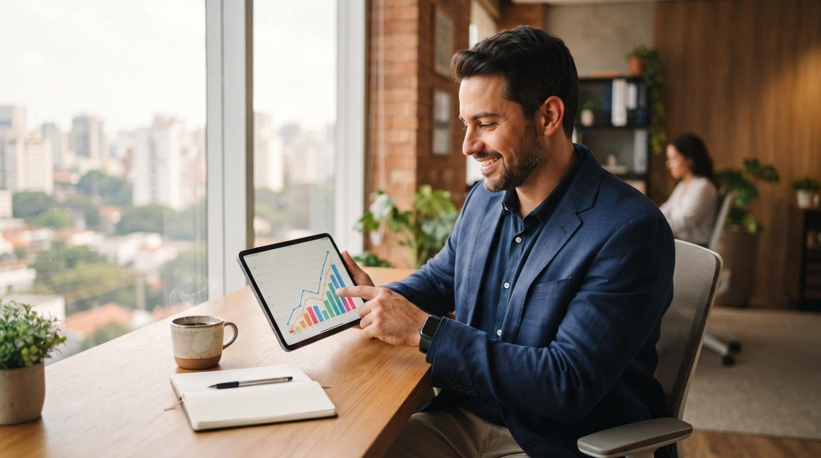 Pessoa empreendedora analisando planilha de custos fixos e faturamento mensal em um caderno sobre mesa de trabalho