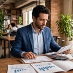 Pessoa empreendedora analisando documentos fiscais e planilhas financeiras da sua pequena empresa