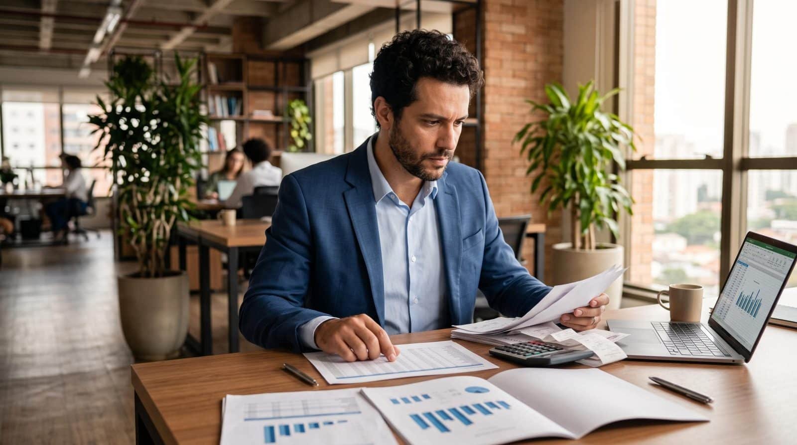 Pessoa empreendedora analisando documentos fiscais e planilhas financeiras da sua pequena empresa