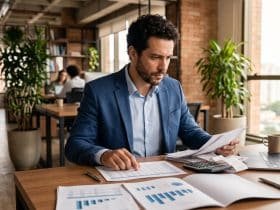 Pessoa empreendedora analisando documentos fiscais e planilhas financeiras da sua pequena empresa