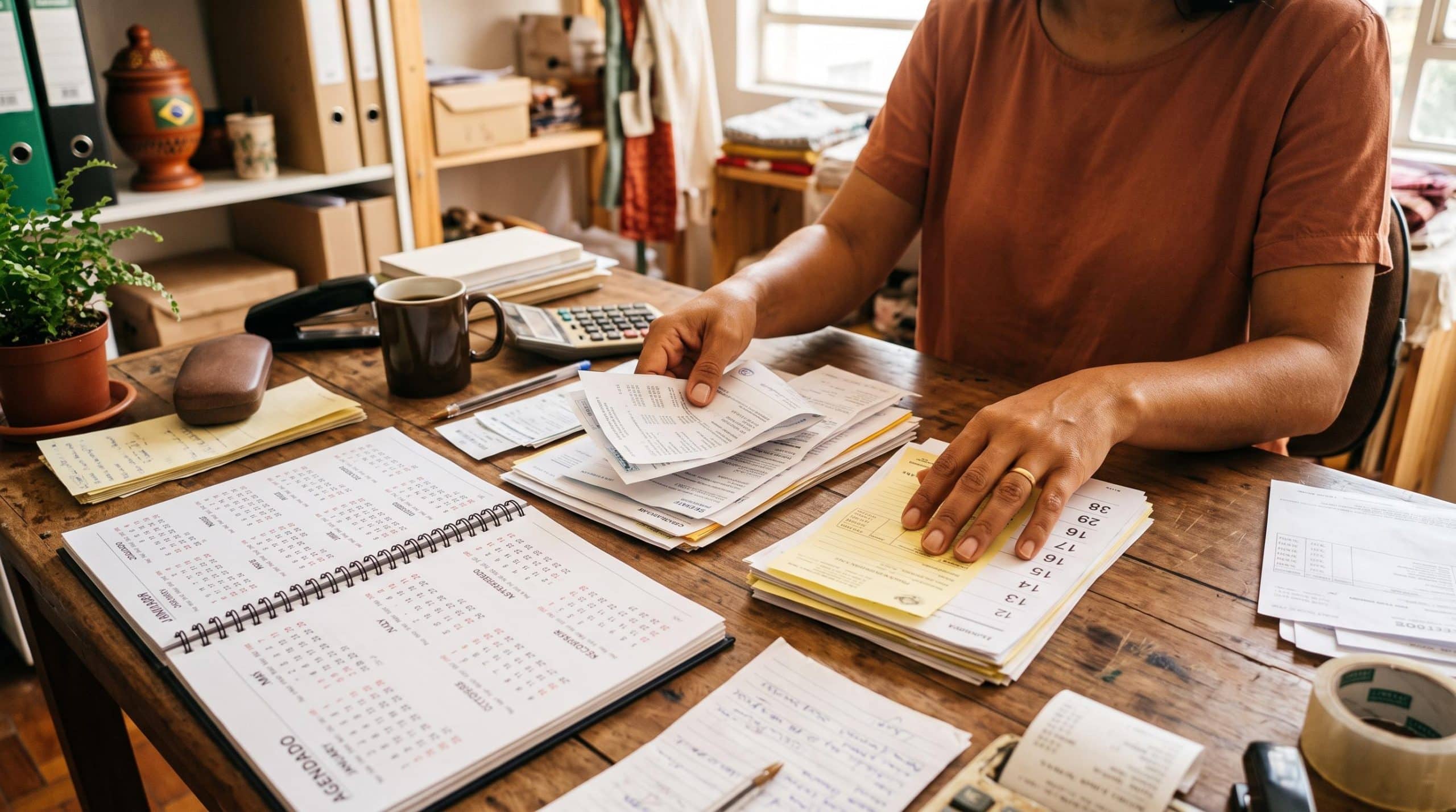 Mãos de uma pessoa empreendedora organizando notas fiscais e extratos bancários sobre uma mesa de trabalho, com um calendário aberto ao lado mostrando